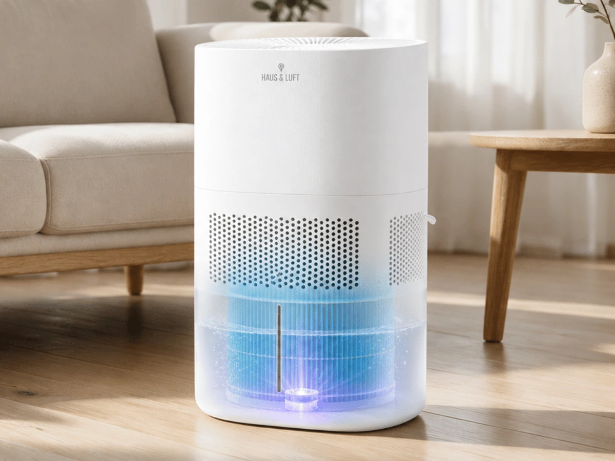 Luftfukteren med UV-lyset synlig i tanken
